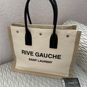 Saint Laurent Beige and Black Canvas Tote